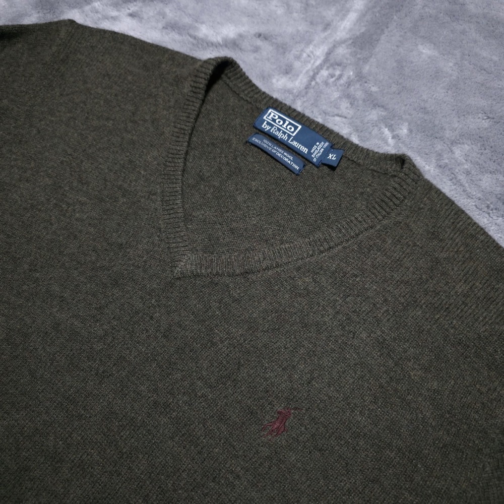 Vintage Polo Ralph Lauren Sweater Mens XL Green 90s Lambswool V Neck Pony Logo
